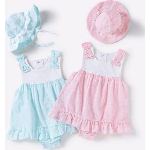 Vlinder Baby Girl dress baby girl clothes Summer cute dresses with jacquard fishermans caps come in two colors 6M~24M 2pcs set