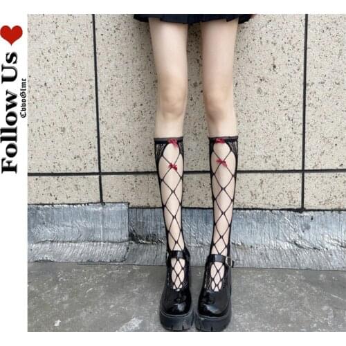 Japanese Harajuku Cross Tie Calf Socks Female Gothic Cute JK Tube Socks Lolita Kawaii Bow Lace Thin Hollow Black Stockings Woman