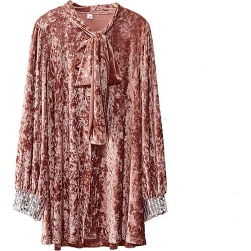 PERHAPS U Women Solid Runway Pink Black White Velvet Sequined Stand Collar Lace Up Bow Long Sleeve Long Shirt Blouse B0448