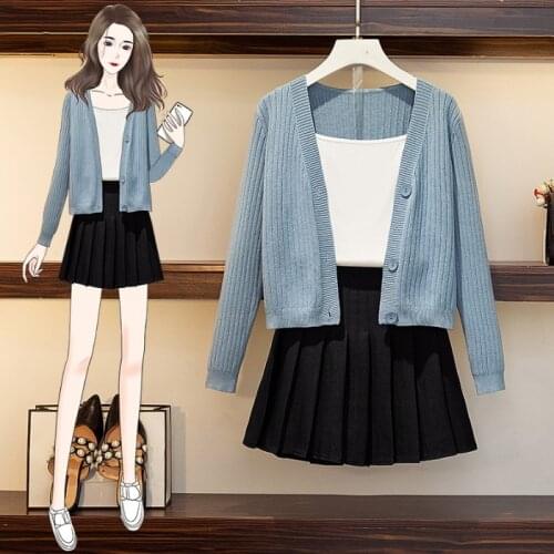 Cyanlee 2020 Autumn Winter Three Piece Women Sets Solid Short Cardigan + Vest + High Waist Pleated Mini Skirt Casual 3 Piece Set