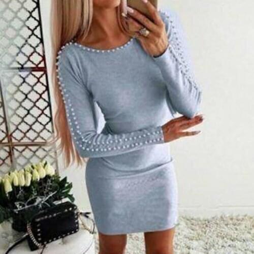 Women Solid Color Faux Pearl Decor Long Sleeve O Neck Bodycon Party Mini Dress Polyester/ Spandex Above Knee Mini Size S-5XL
