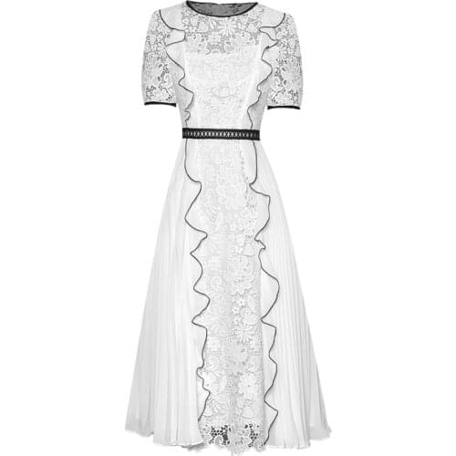 Fashion Elegant New Dress WomenS High Quality Chic Hook Flower Hollow Patchwork Round Neck Short Sleeve Casual Party Dress