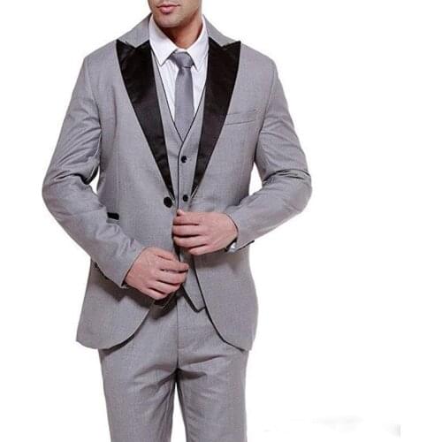 Three Piece Gray Business Party Men Suits Groom Wear Classic Black Peaked Lapel Wedding Groom Tuxedos (Jacket + Vest+Pants+Tie)