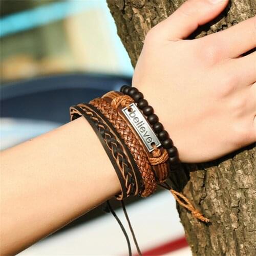 4Pcs/Set Men Fashion Simple Cool Adjustable Faux Leather Braided Rope Believe Letters Beaded Bracelet for Daily