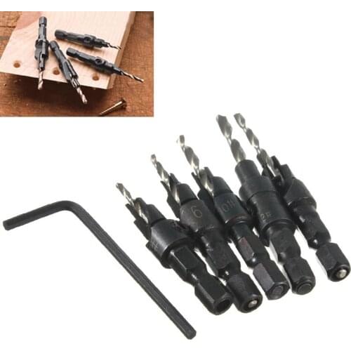 5pcs #5 #6 #8 #10 #12 Countersink Drill Bits Set Wood Drilling Tool + Hex Shank