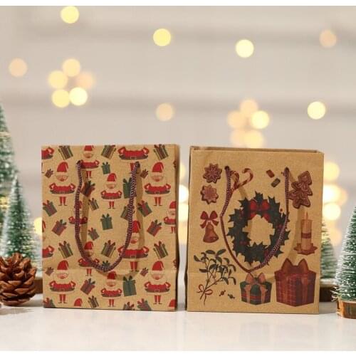 5 Pcs/set Christmas Gift Bag Small Santa Claus Tote Bag Kraft Paper Candy Bag Home Decoration
