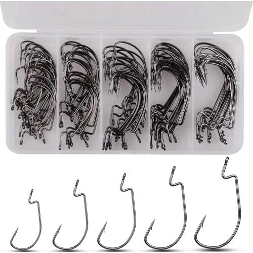 60Pcs/Box 38105 Fishing Hooks 3X Strong High Carbon Steel Soft Bait Offset Worm Hooks For Bass Saltwater Freshwater Fishing