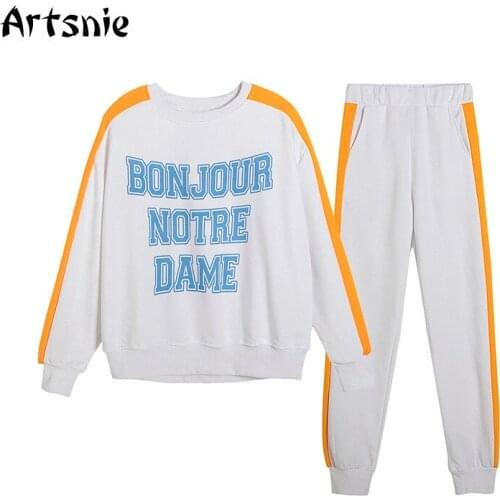 Artsnie Spring 2021 Two Piece Set Women Side Stripe Sweatshirt Trouser Suit Sportswear Tracksuits White Two Piece Sets Outfits