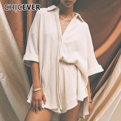 CHICEVER Sexy Two Piece Set For Women Lapel Collar Short Sleeve Minimalist Shirt High Waist Loose Shorts Pants Solid Sets Female
