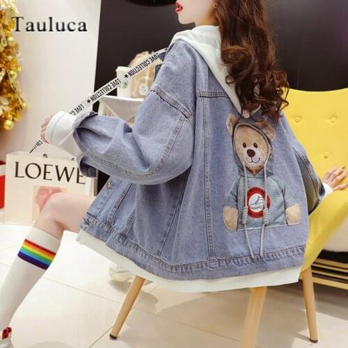 Cute Bear Cartoon Streetwear Denim Jacket Womens Spring Autumn Hooded Jeans Coat Stylish Fashion Clothes Tops Outwear Oversized