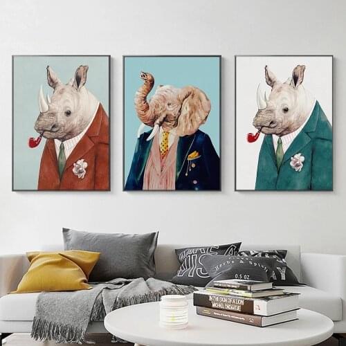 Elephant Rhinoceros Animal Head Gentleman Print Canvas Cartoon Cute Poster Nordic Wall Art Pictures For Boys Room Nursery Decor