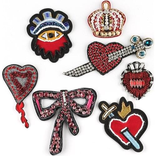 Crystal Crown Heart Patches for Women Clothing Bags DIY Applique Stripe Sewing Badge Sticker Handmade Bead Iron on Patch Cheap