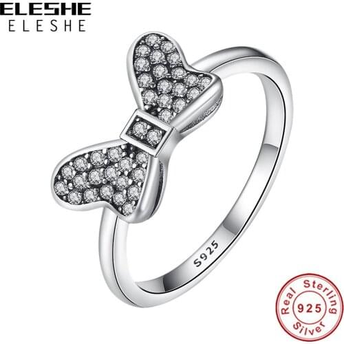 ELESHE 2020 Cartoon Bow Knot Finger Ring 925 Sterling Silver Dazzling Clear CZ Crystal Ring for Women Fine Jewelry Birthday Gift