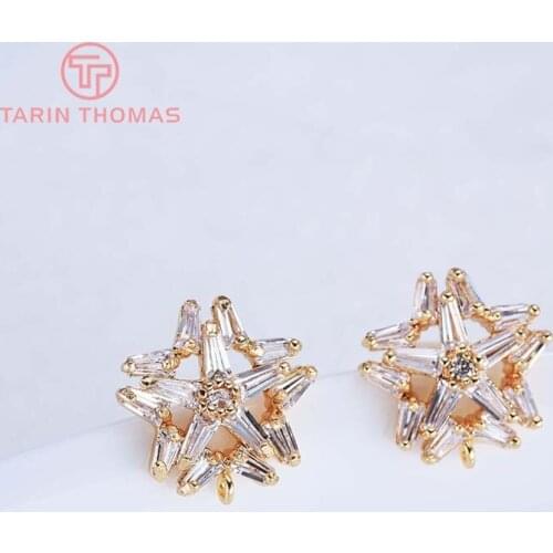 4PCS 12MM 24k Gold Color Brass with Zircon Pentagram star Stud Earrings High Quality Jewelry Findings Accessories