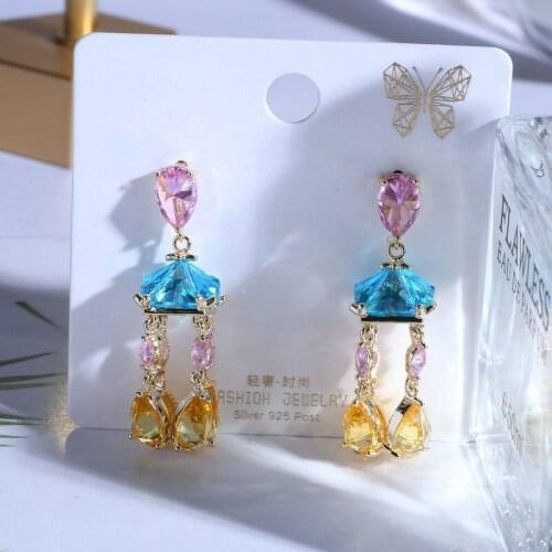 Fashion Wedding Cubic Zirconia Blue and Yellow Tassel Drop Earring for Women
