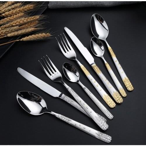 4PCS Western Steak Knife Fork Spoon Vintage Coffee Dinnerware Set Golden Embrossed Wheat Stainless Steel Tableware Cutlery Set