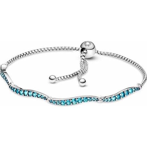 New home pan S925 silver blue waves of slide button bracelet adjustable personality diy birthday present for his girlfriend