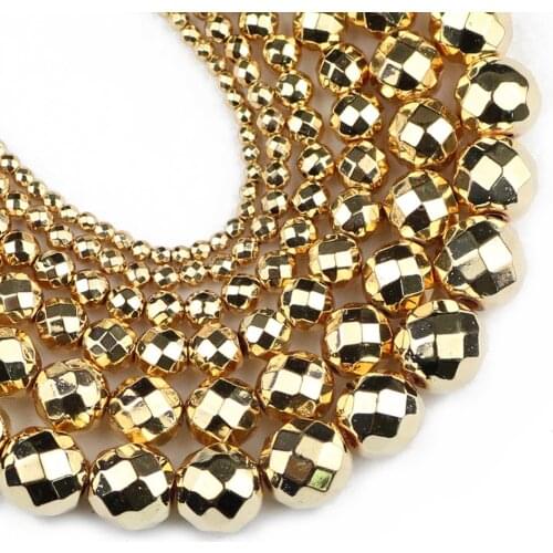 YHBZRET Faceted Hematite beads 14 Gold Natural Stone 2/3/4/6/8/10mm Round Loose beads Jewelry Making bracelets DIY Accessories