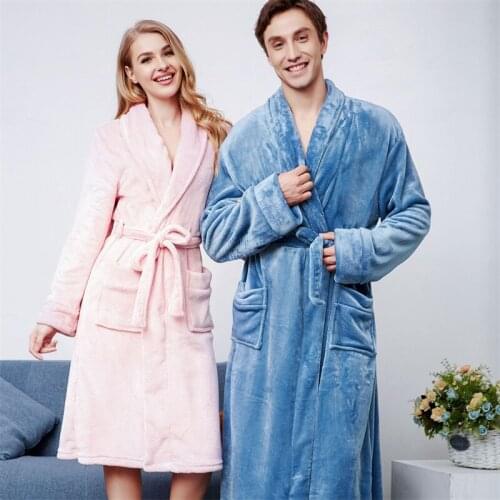 Autumn Winter New Thickened Flannel Lapel Long Couple Robe Men Women Pajamas Coral Fleece Bathrobe Kimono Sleepwear Home Clothes