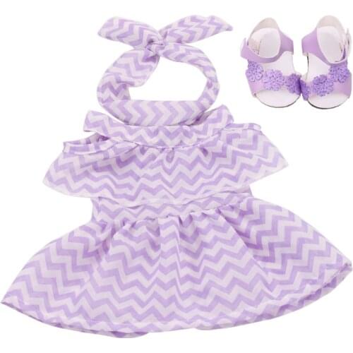 18 inch Girls doll dress Summer print gown + headband with shoes American new born skirt Baby toys fit 43 cm baby dolls c504