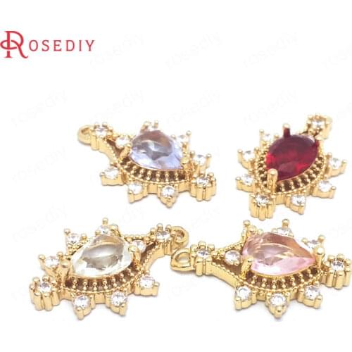 6PCS 16x24MM 24K Champagne Gold Color Brass and Zircon and Glass Drop Shape Charms Pendants Jewelry Making Supplies Diy Findings