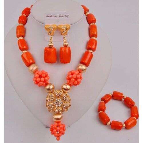 Latest Orange Nigerian Coral Beads Jewelry Set Nigerian Wedding African Coral Necklace Jewelry Set 12-J-01