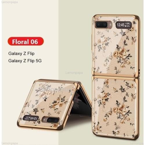 Luxury Plating Case for Samsung Galaxy Z Flip 5G Cover Vintage Floral Tempered Glass Shockproof Shell for Samsung Z Flip Case