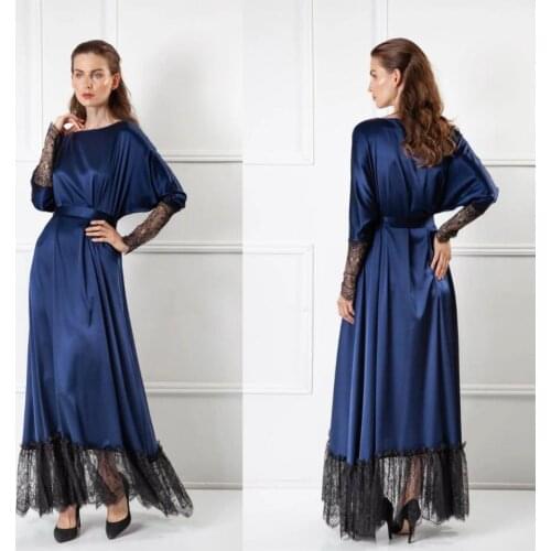 Dark Blue Sleepwear Women Bathrobe Sexy Long Silk Kimono Dressing Gown Babydoll Lace Lingerie Bath Robe Black Camisola De Dormir