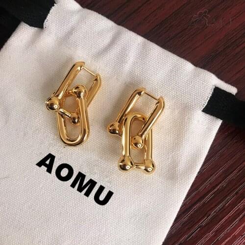 AOMU 2021 New Geometric Thick Link U Shape Earrings Brass Gold Long Drop Earrings for Women Stylish Celebrity Splice Jewelry