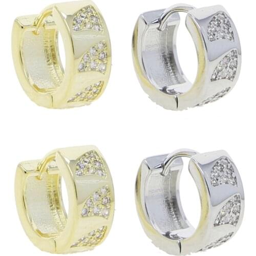 Gold color engraved geometric cz signet huggie Hoop Earrings with sparking bling CZ stone for women fashion wedding jewelry