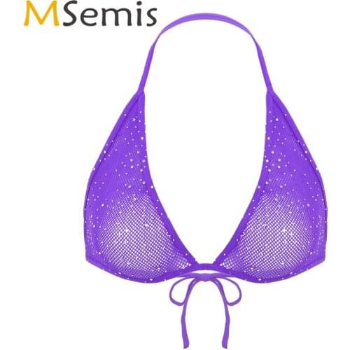 Womens Halter Backless Sparkle Glitter Bra Tops Sexy Hollow Out Sheer Fishnet Triangle Cups Bikini Bralette Hot Rave Lace Up Bra