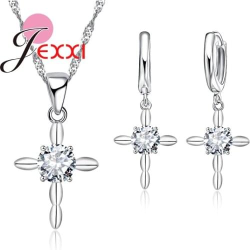 Cute Big Crystal Cross Pendant Necklace + Earrings Jewelry Set Woman 925 Sterling Silver Birthday Gift Hotsale