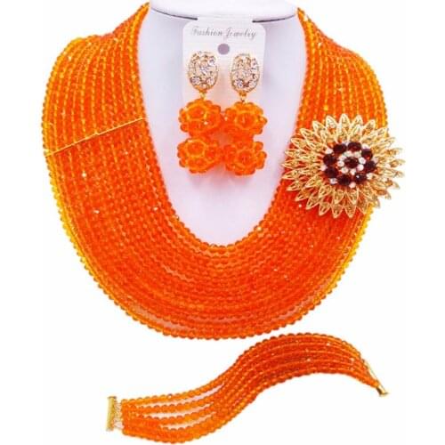 ACZUV Orange Beaded Crystal Jewelry Set African Beads Necklace for Nigerian Wedding 10C-DS008
