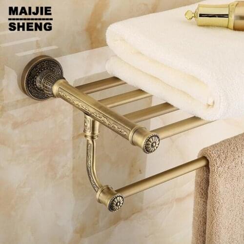 Active bath towel rack bathroom cloth holder Antique Double towel shelf Whole brass towel shelf Antique brass bath towel rack