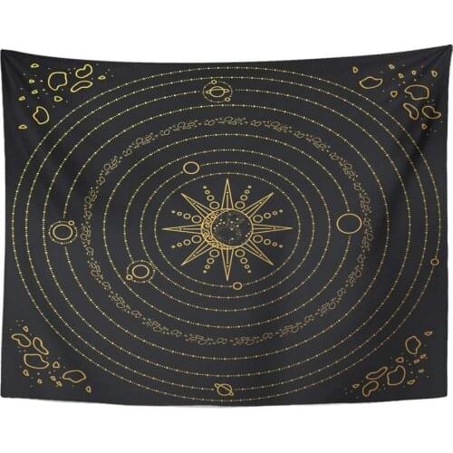 Mandala 60x80 Inches Astrology Solar System Model Space with Sun Planets Stars Asteroids Black and Gold Decor Wall Hanging