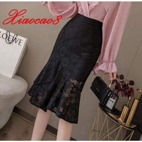 Beige Black Lace Skirts Woman Knee-Length Skirts for Women Slim Elegant Solid Womens Skirts 2020 Summer Woman Clothes Plus Size