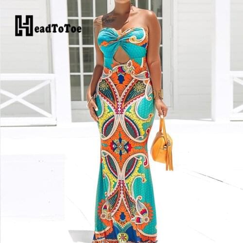 Bohemian Printed Sexy Strapless Open Back Maxi Dress Women Slim Fit Stretchy Long Dresses