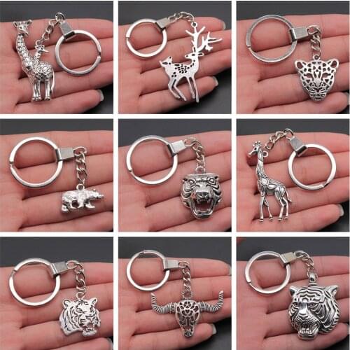 Animal Keyring Key Chain Vintage Antique Silver Color Metal Alloy Frog Tiger Fox Deer Pig Beer Hedgehog Souvenir Keychain Gift