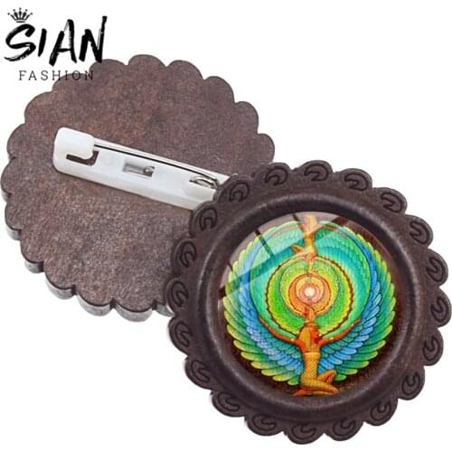 SIAN Ancient Egypt Scarab Pattern Brooch Pin Egyptian Symbol of Strength Amulet Symbol Glass Round Handmade Vintage Wooden Badge