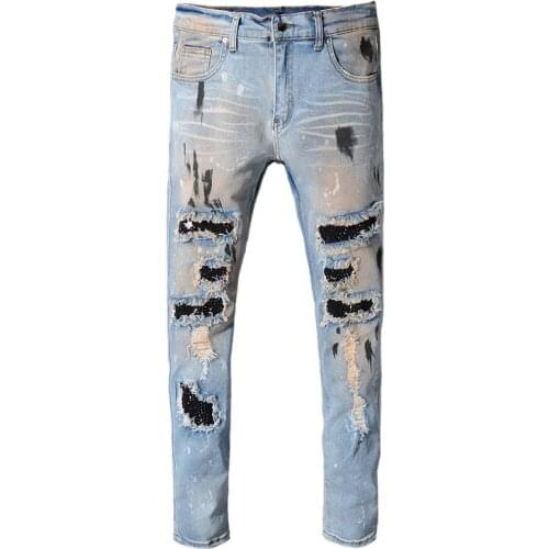 2021 Streetwear Men Jeans Retro Blue Paint Destroyed Ripped Jeans Men Punk Pants Patchwork Designer Hip Hop Jeans Homme