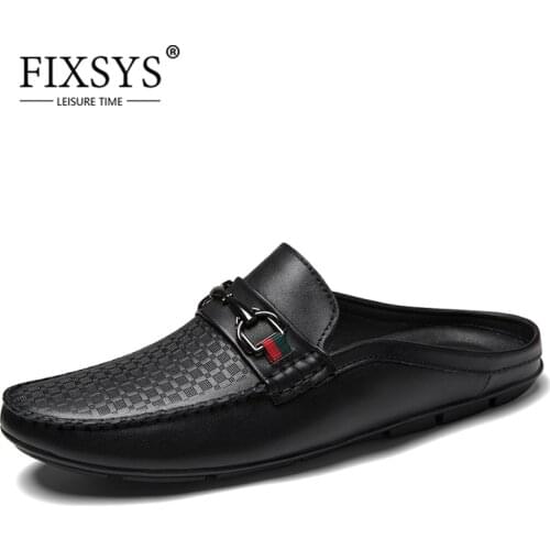 FIXSYS Brand Summer Man Slippers High Quality Half Shoes Buckle Loafer Slides Genuine Leather Male Mules Lightweight Drag Shoes