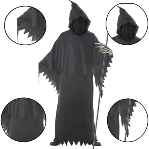 Adult Men Halloween Hooded Gown Skeleton Grim Reaper Ghost Costume Joker Catsuit Black Evil Death Scary Cosplay Horror Outfit