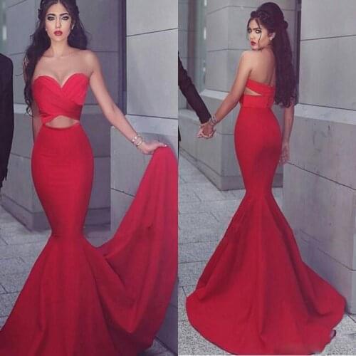 Red Stain Hot Fashion Arabic Dubai Keyhole Waist Fishtail Prom Party Dresses 2019 Sweetheart Backless Cheap Occasion Dress Eveni
