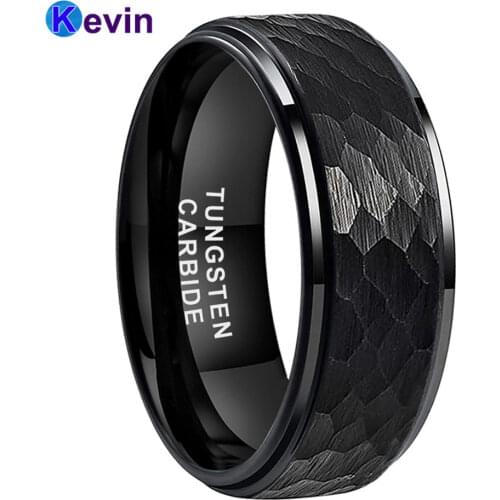 Cool Hammer Ring Black Tungsten Wedding Bands For Men Women Multi-Faceted Hammered Brushed Finish 6MM 8MM Comfort Fit