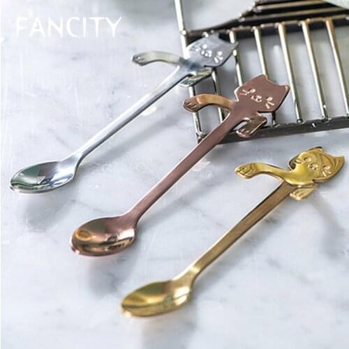 FANCITY Small spoon golden 304 stainless steel creative cute cat hanging spoon girl heart coffee milk tea dessert stirring spoon