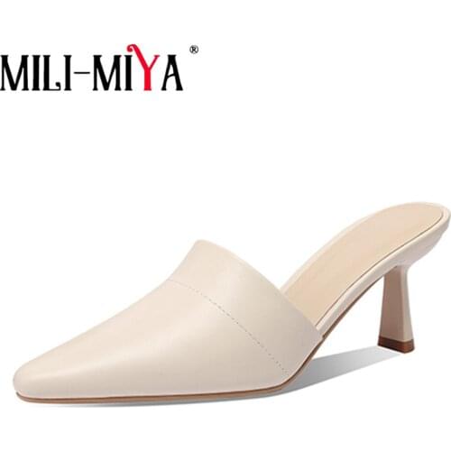 MILI-MIYA Simple Women Thin High Heels Mules Fashion Pointed Toe Slippers Summer Genuine Leather Lazy Half Wild Shoes Apricot