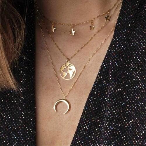 2020 Vintage Multilayer Star Moon Pendant Necklace Women Gold Color Boho Coin Crescent Chain Necklaces Jewelry New