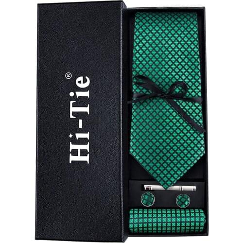 Men Green Ties Silk Plaid Neck Tie Checked Tie Shiny Handky Cufflinks Set Wedding Tie for Suit Hi-Tie 150cm Wholesale C-1608
