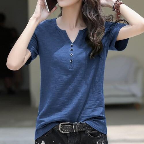 Pure Slub cotton summer new style short-sleeved T-shirt loose large size V-neck ladies half-sleeved t-shirt undershirt