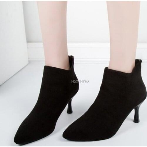 New fashion Women Boots Winter Shoes Woman High Heels Ankle Boots Thin Heels Pointed Toe Ladies Shoes Black botines mujer